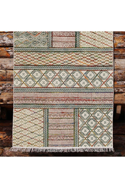 Cotton Kilim 29 Çok Renkli Geleneksel Motif Çizgili Desenli Dekoratif Yıkanabilen Dokuma Taban Kilim - HALI VAGONU