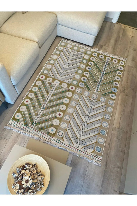 Cotton Kilim 3 Yeşil Tonunda Geometrik Desenli Dekoratif Yıkanabilen Dokuma Taban Kilim - HALI VAGONU