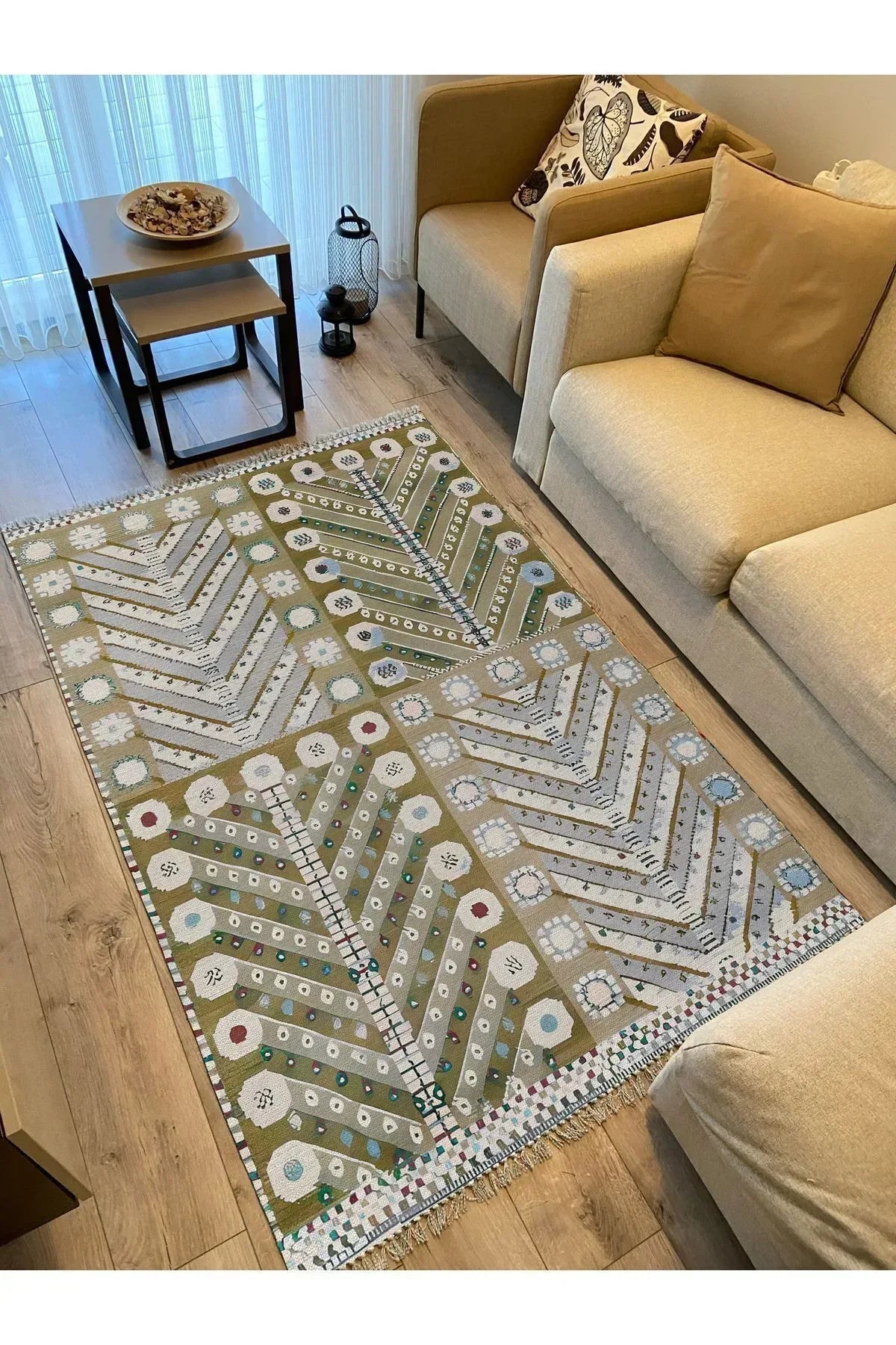 Cotton Kilim 3 Yeşil Tonunda Geometrik Desenli Dekoratif Yıkanabilen Dokuma Taban Kilim - HALI VAGONU