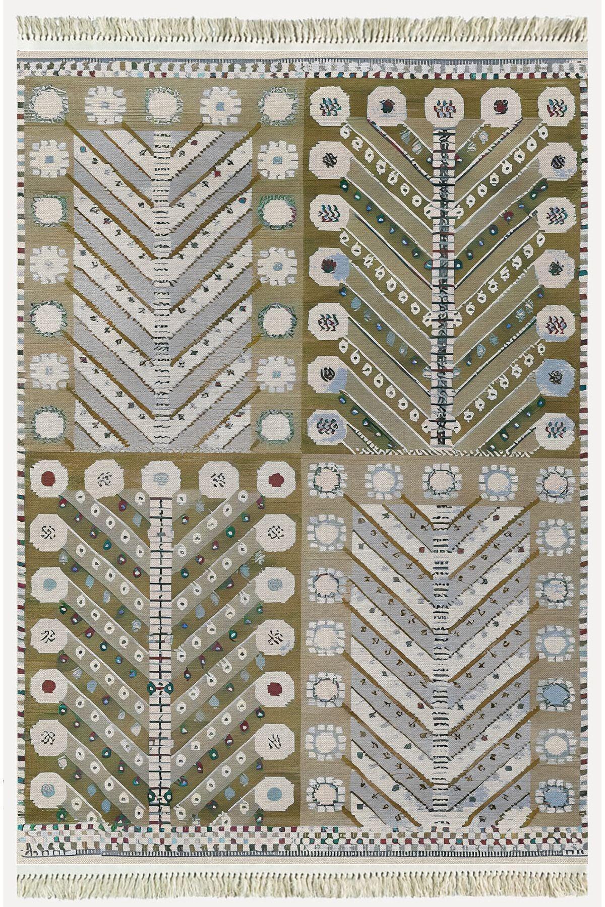 Cotton Kilim 3 Yeşil Tonunda Geometrik Desenli Dekoratif Yıkanabilen Dokuma Taban Kilim - HALI VAGONU