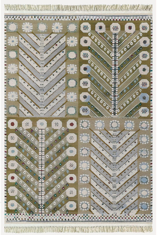Cotton Kilim 3 Yeşil Tonunda Geometrik Desenli Dekoratif Yıkanabilen Dokuma Taban Kilim - HALI VAGONU