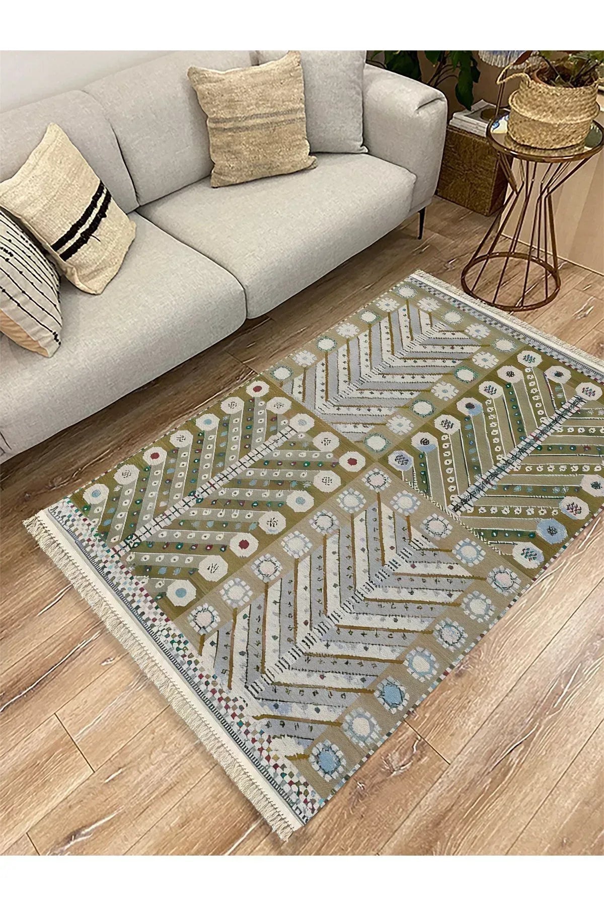 Cotton Kilim 3 Yeşil Tonunda Geometrik Desenli Dekoratif Yıkanabilen Dokuma Taban Kilim - HALI VAGONU