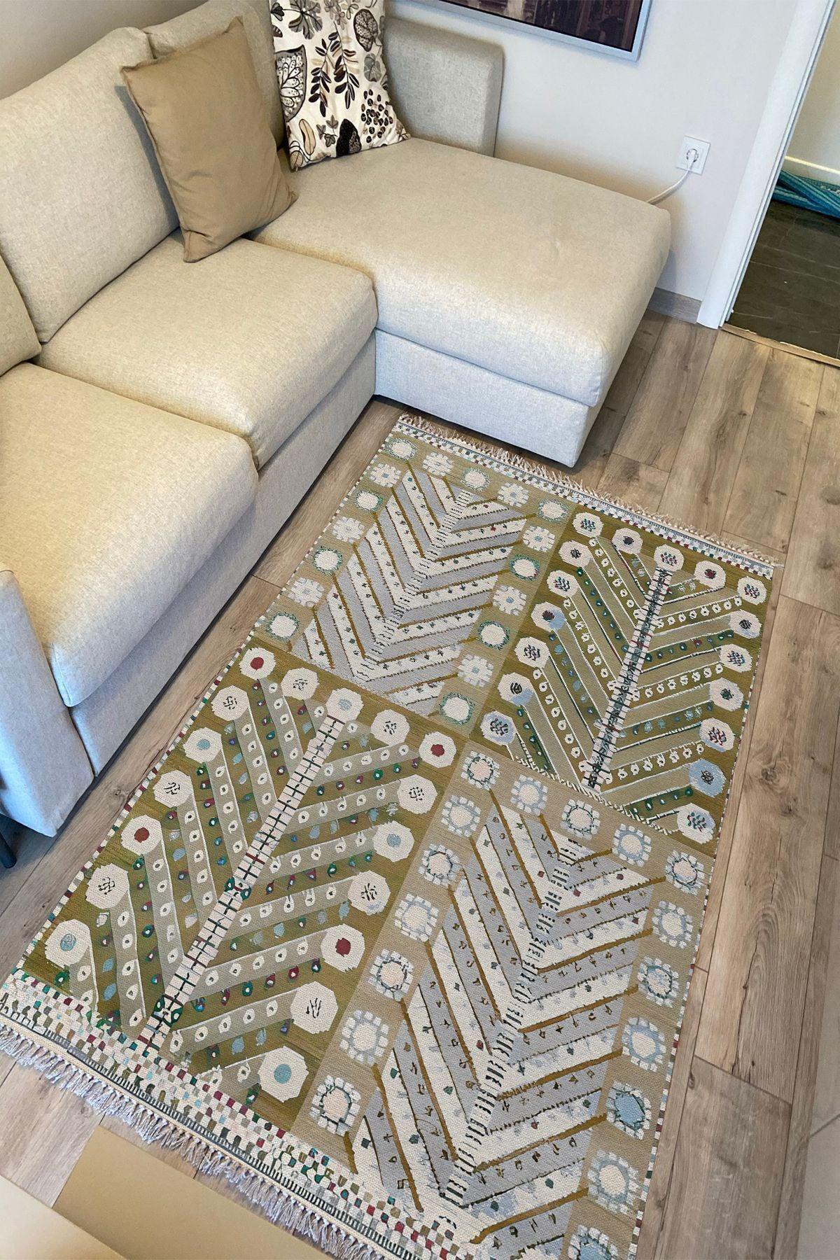 Cotton Kilim 3 Yeşil Tonunda Geometrik Desenli Dekoratif Yıkanabilen Dokuma Taban Kilim - HALI VAGONU