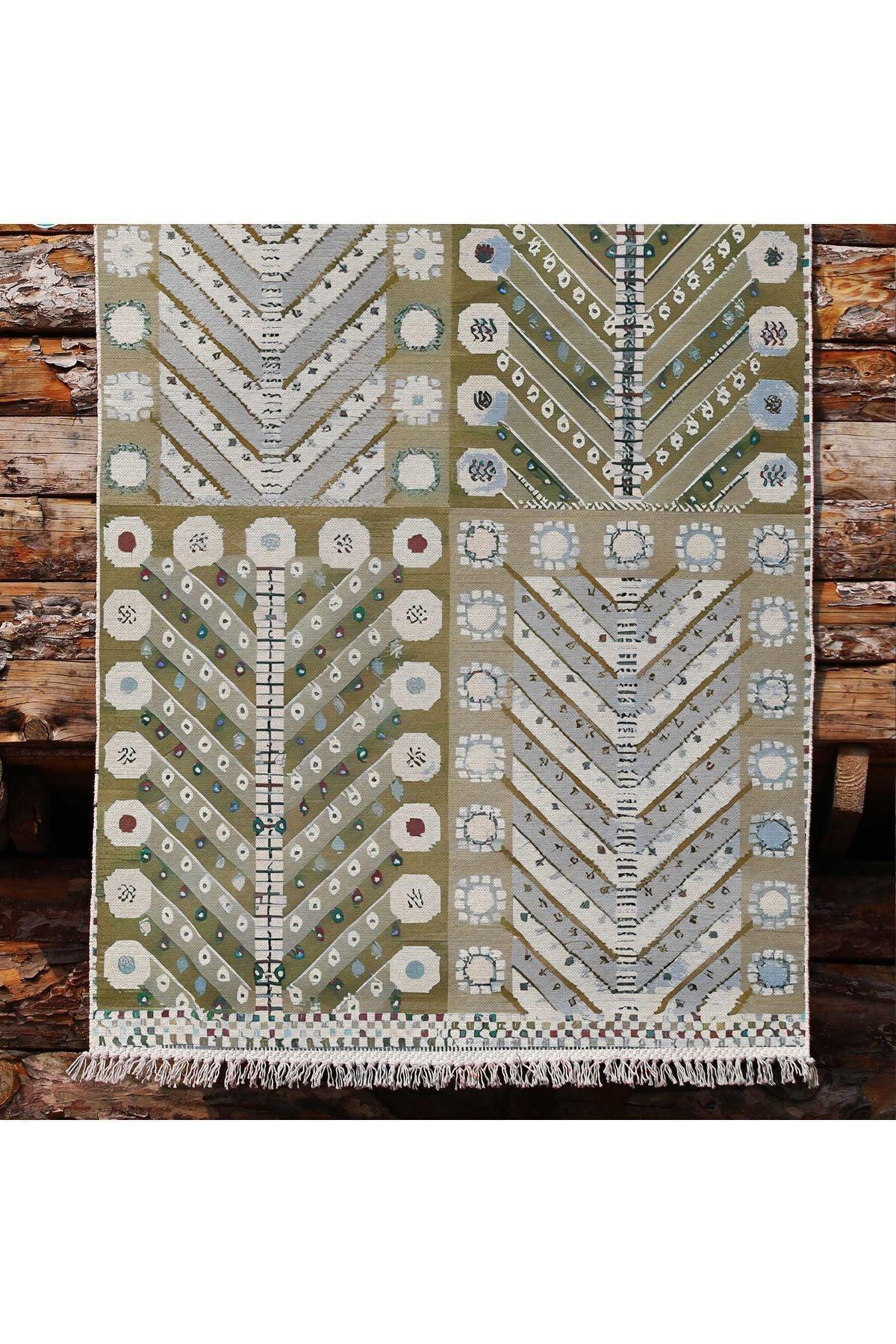 Cotton Kilim 3 Yeşil Tonunda Geometrik Desenli Dekoratif Yıkanabilen Dokuma Taban Kilim - HALI VAGONU