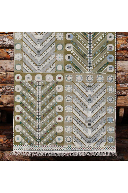 Cotton Kilim 3 Yeşil Tonunda Geometrik Desenli Dekoratif Yıkanabilen Dokuma Taban Kilim - HALI VAGONU