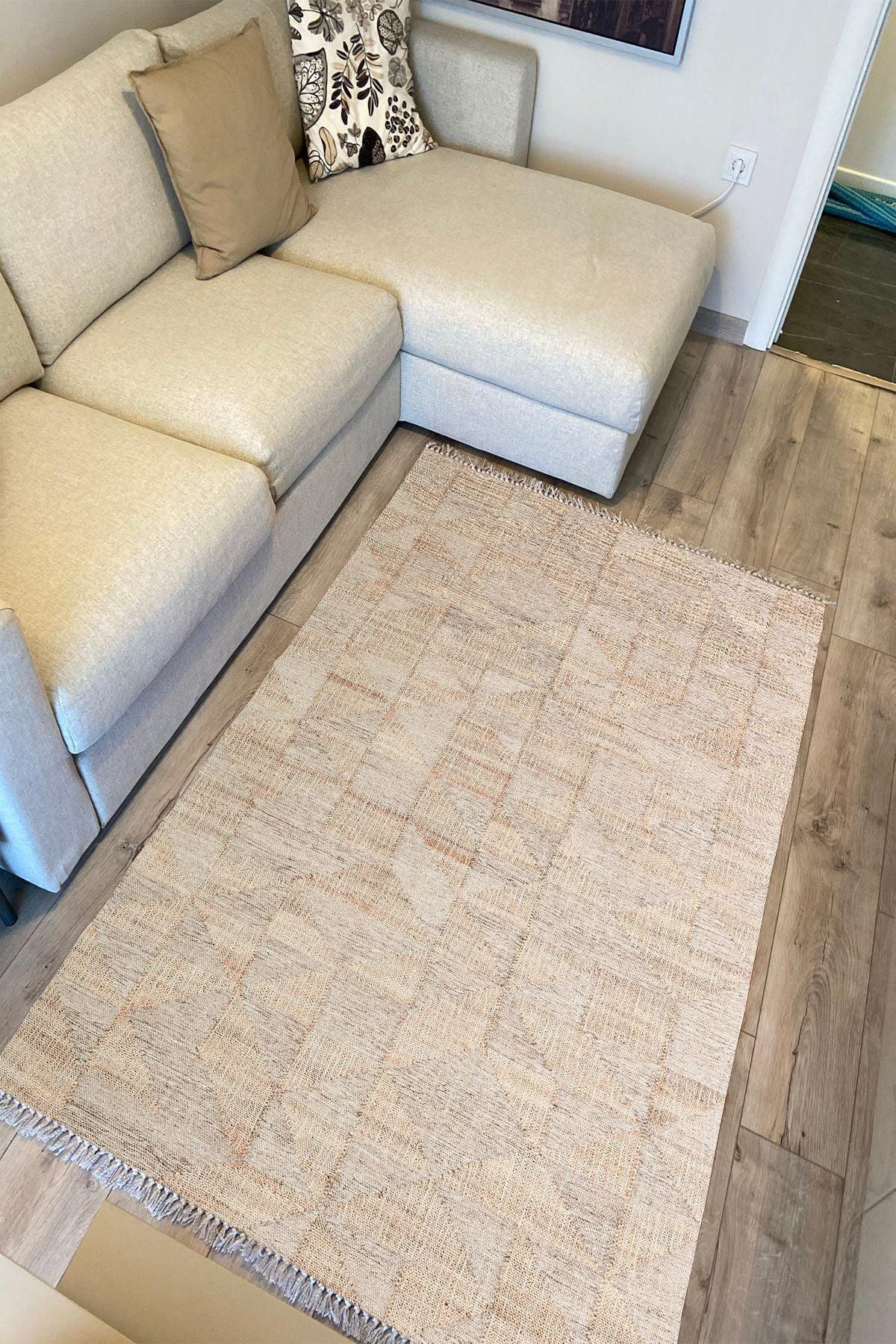 Cotton Kilim 30 Jüt Efekl Desenli Dekoratif Yıkanabilen Dokuma Taban Kilim - HALI VAGONU