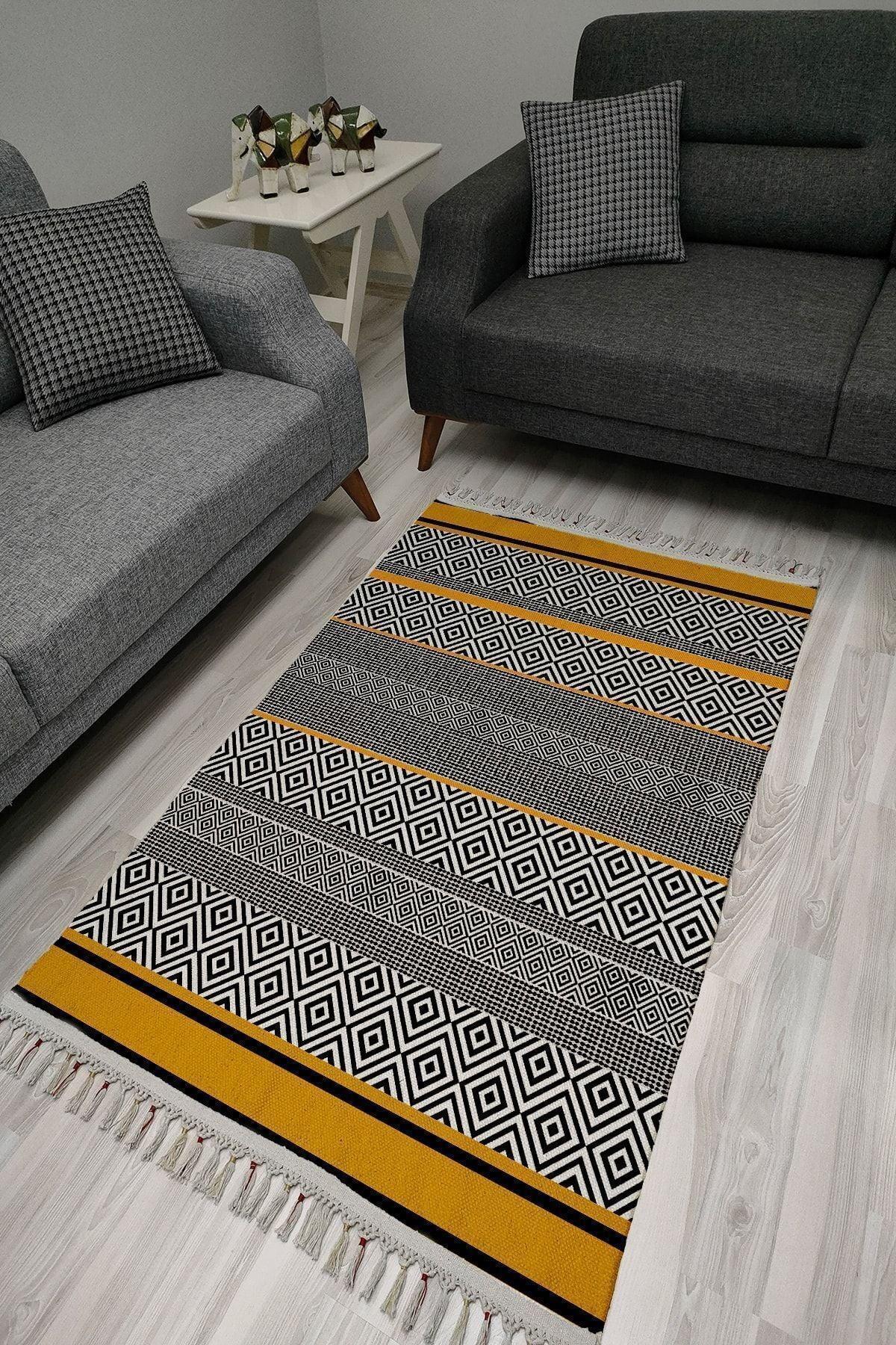 Cotton Kilim 3004 Sarı Siyah Geometrik Desenli Dekoratif Dokuma Taban Kilim - HALI VAGONU