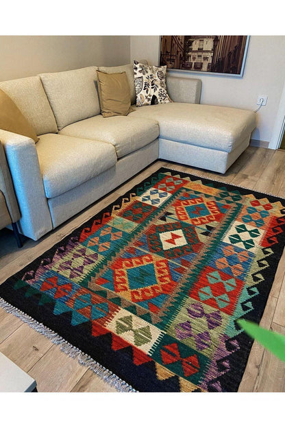 Cotton Kilim 3053 Laciver Geleneksel Motifler Modern Dekoratif Saçaklı Yıkanabilen Dokuma Kilim - HALI VAGONU