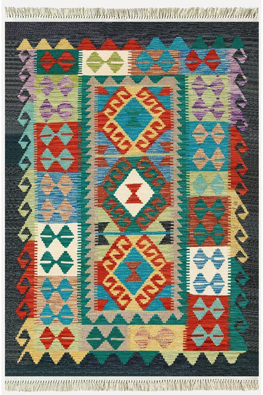 Cotton Kilim 3053 Laciver Geleneksel Motifler Modern Dekoratif Saçaklı Yıkanabilen Dokuma Kilim - HALI VAGONU