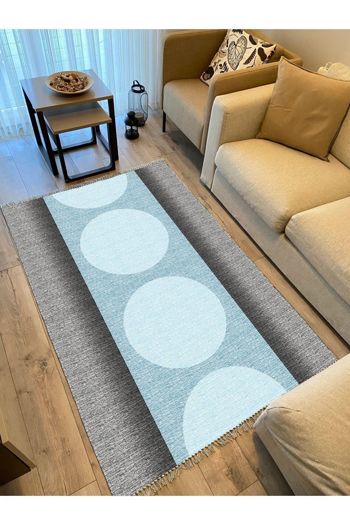 Cotton Kilim 31 Gri Ve Mavi Tonlarında Modern Desenli Dekoratif Yıkanabilen Dokuma Taban Kilim - HALI VAGONU