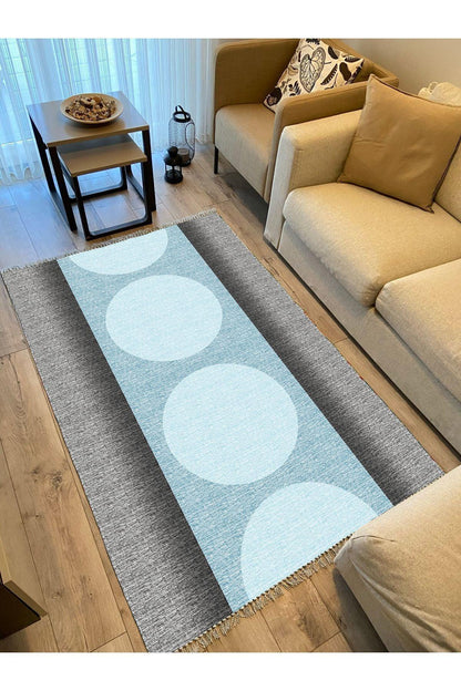 Cotton Kilim 31 Gri Ve Mavi Tonlarında Modern Desenli Dekoratif Yıkanabilen Dokuma Taban Kilim - HALI VAGONU