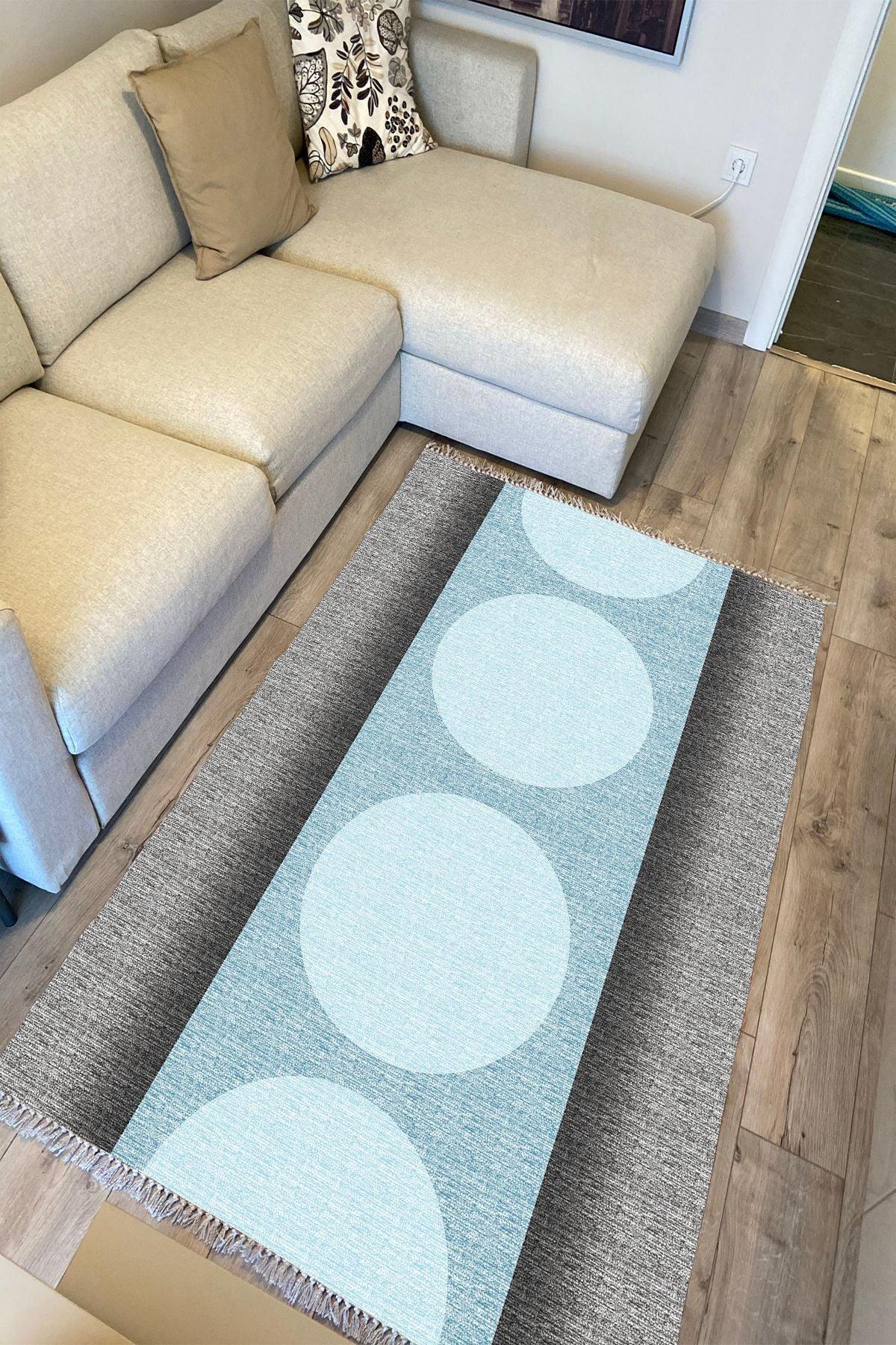 Cotton Kilim 31 Gri Ve Mavi Tonlarında Modern Desenli Dekoratif Yıkanabilen Dokuma Taban Kilim - HALI VAGONU