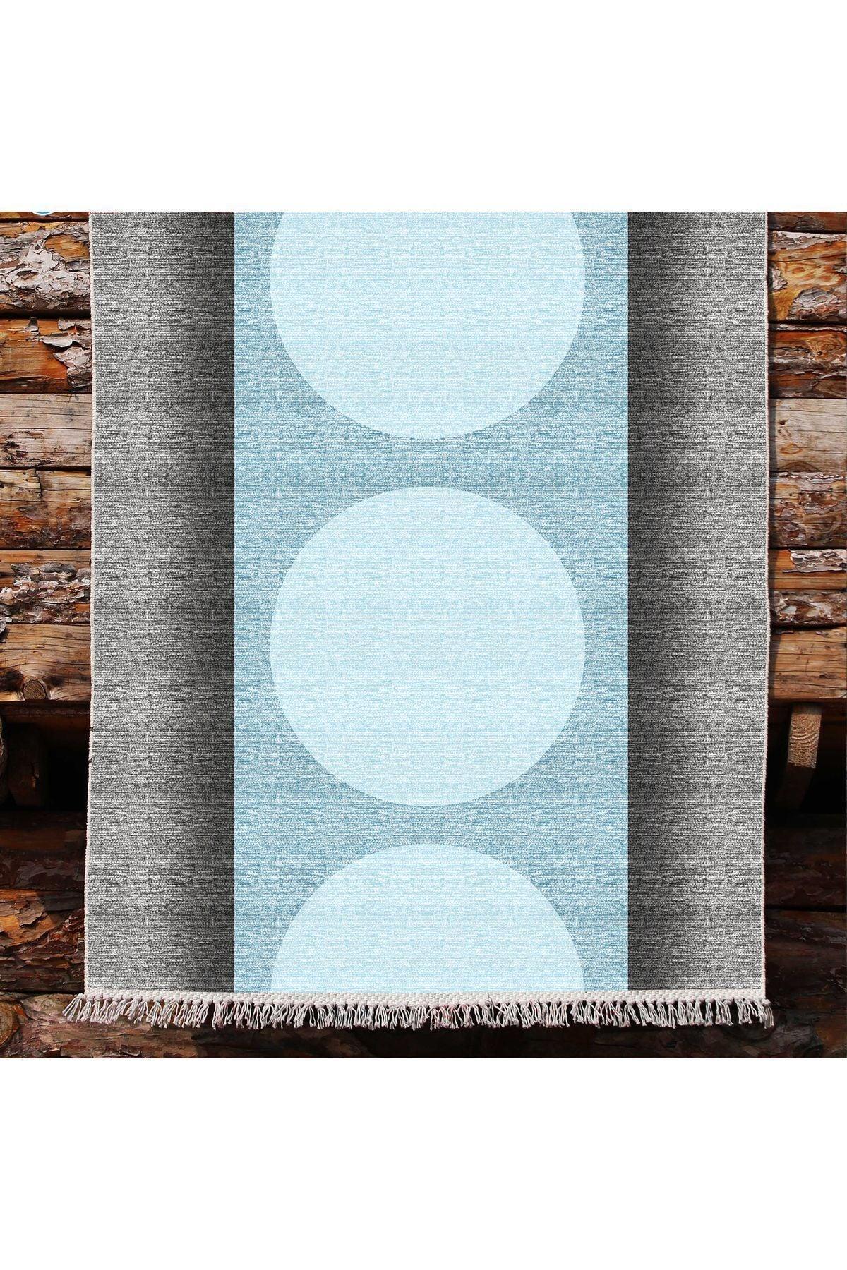 Cotton Kilim 31 Gri Ve Mavi Tonlarında Modern Desenli Dekoratif Yıkanabilen Dokuma Taban Kilim - HALI VAGONU