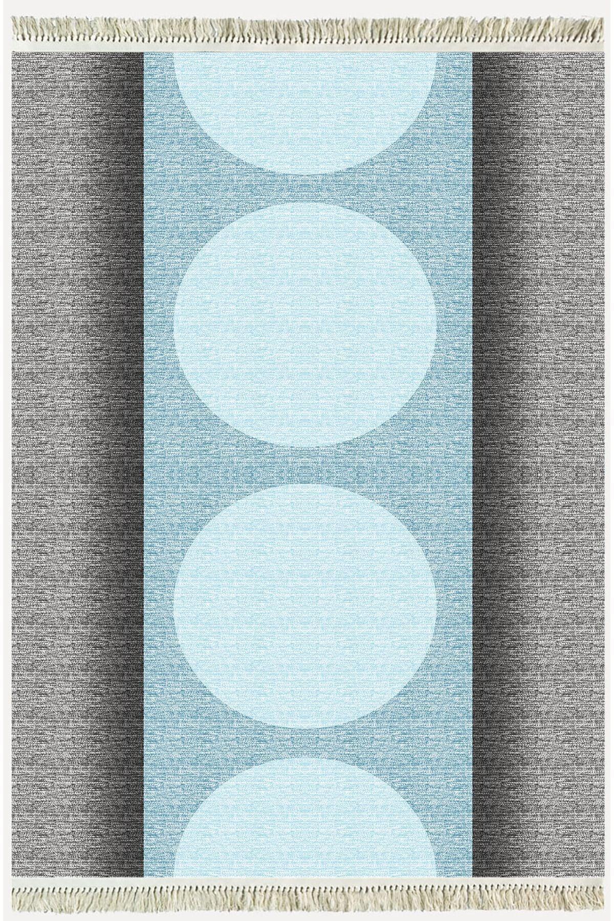 Cotton Kilim 31 Gri Ve Mavi Tonlarında Modern Desenli Dekoratif Yıkanabilen Dokuma Taban Kilim - HALI VAGONU
