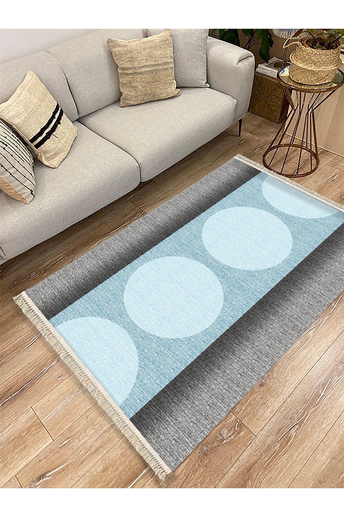 Cotton Kilim 31 Gri Ve Mavi Tonlarında Modern Desenli Dekoratif Yıkanabilen Dokuma Taban Kilim - HALI VAGONU