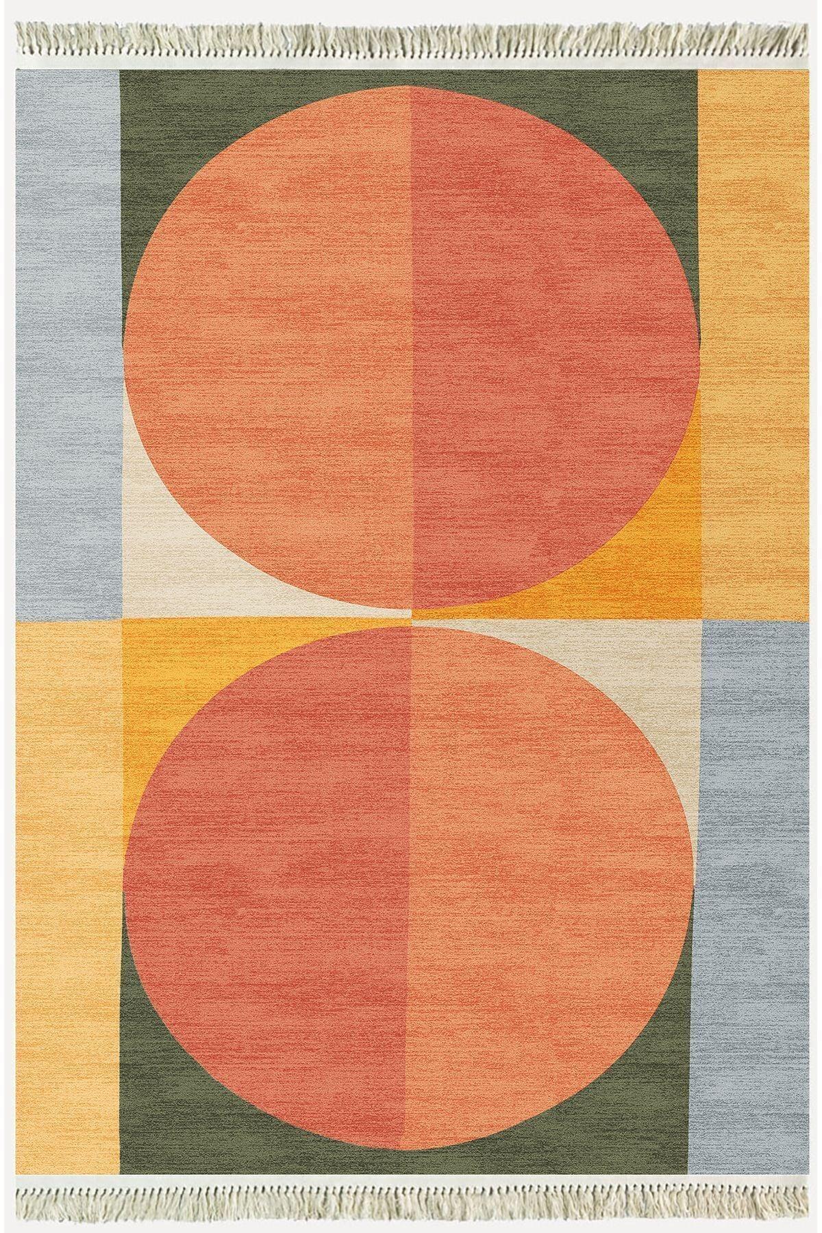 Cotton Kilim 32 Turuncu Tonlarında Modern Desenli Dekoratif Yıkanabilen Dokuma Taban Kilim - HALI VAGONU