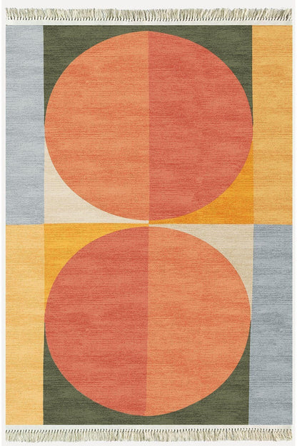 Cotton Kilim 32 Turuncu Tonlarında Modern Desenli Dekoratif Yıkanabilen Dokuma Taban Kilim - HALI VAGONU