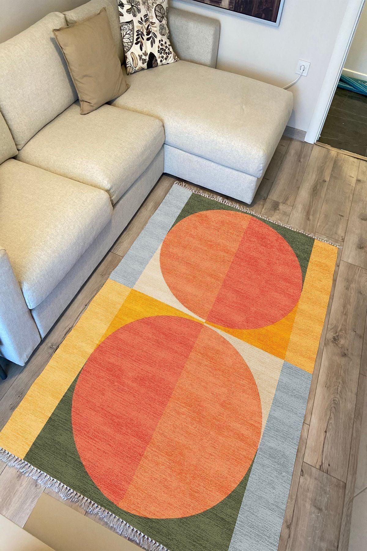 Cotton Kilim 32 Turuncu Tonlarında Modern Desenli Dekoratif Yıkanabilen Dokuma Taban Kilim - HALI VAGONU