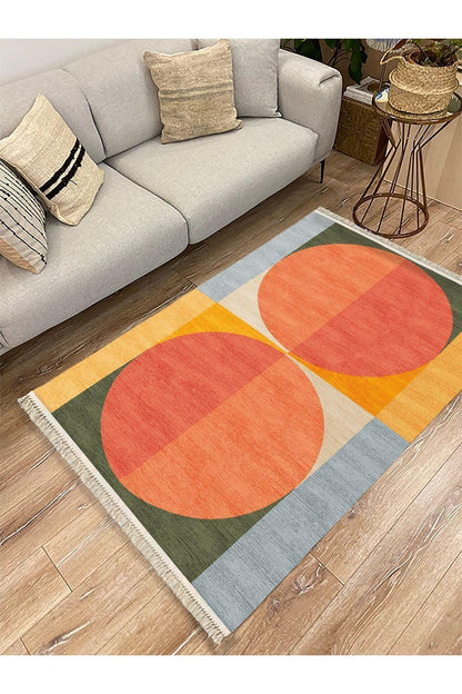Cotton Kilim 32 Turuncu Tonlarında Modern Desenli Dekoratif Yıkanabilen Dokuma Taban Kilim - HALI VAGONU