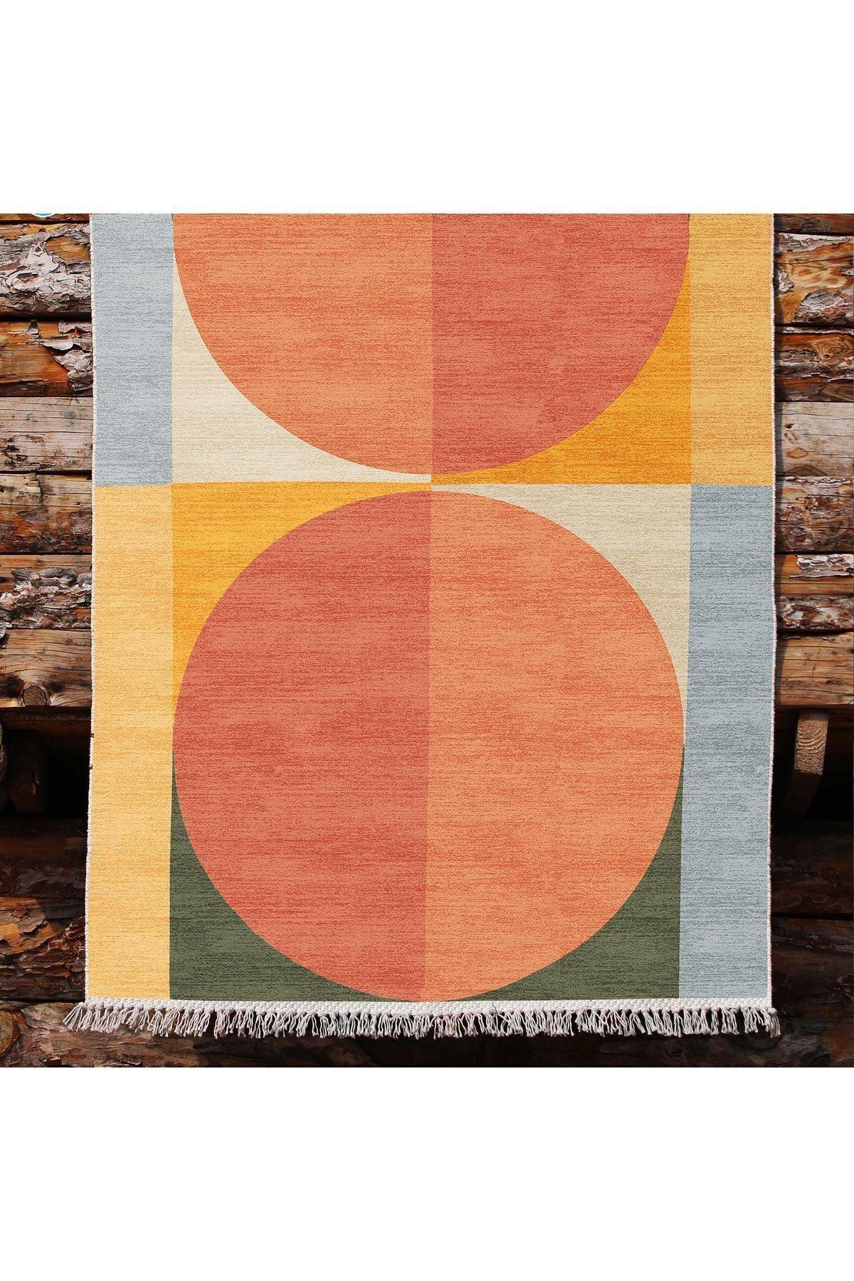 Cotton Kilim 32 Turuncu Tonlarında Modern Desenli Dekoratif Yıkanabilen Dokuma Taban Kilim - HALI VAGONU