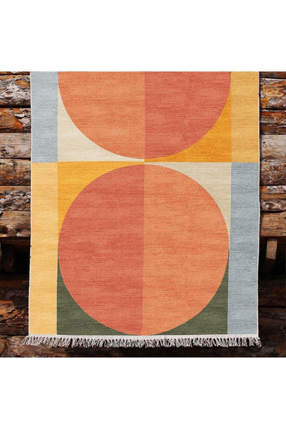 Cotton Kilim 32 Turuncu Tonlarında Modern Desenli Dekoratif Yıkanabilen Dokuma Taban Kilim - HALI VAGONU