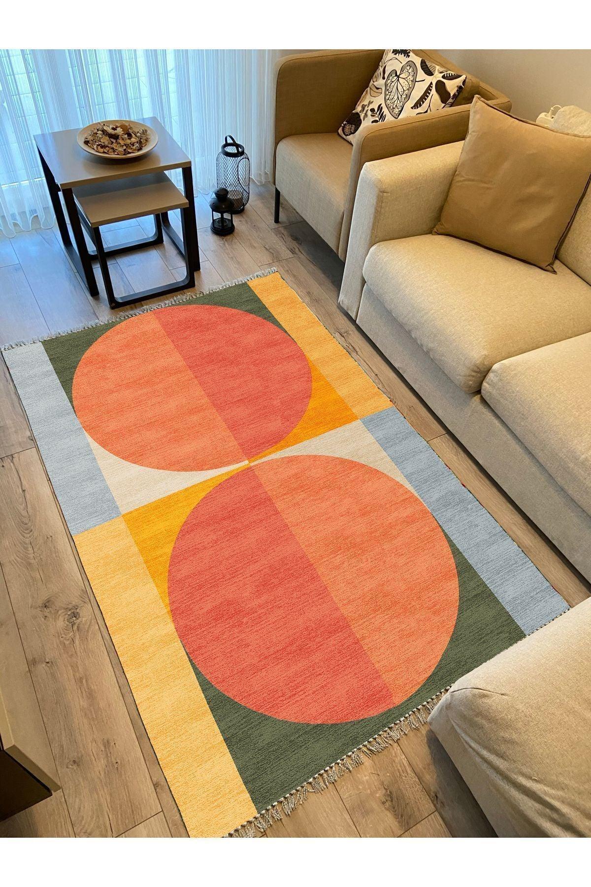 Cotton Kilim 32 Turuncu Tonlarında Modern Desenli Dekoratif Yıkanabilen Dokuma Taban Kilim - HALI VAGONU