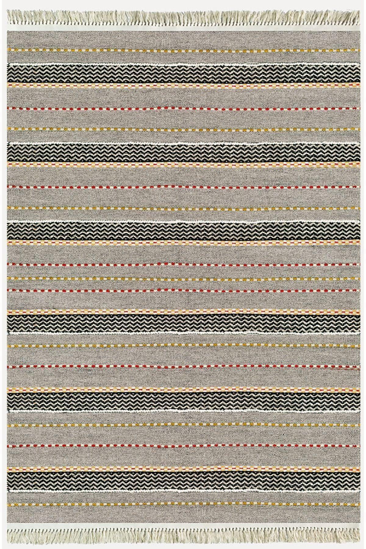 Cotton Kilim 33 Gri Tonlarında Çizgili Modern Desenli Dekoratif Yıkanabilen Dokuma Taban Kilim - HALI VAGONU