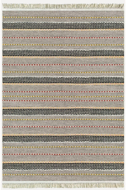 Cotton Kilim 33 Gri Tonlarında Çizgili Modern Desenli Dekoratif Yıkanabilen Dokuma Taban Kilim - HALI VAGONU