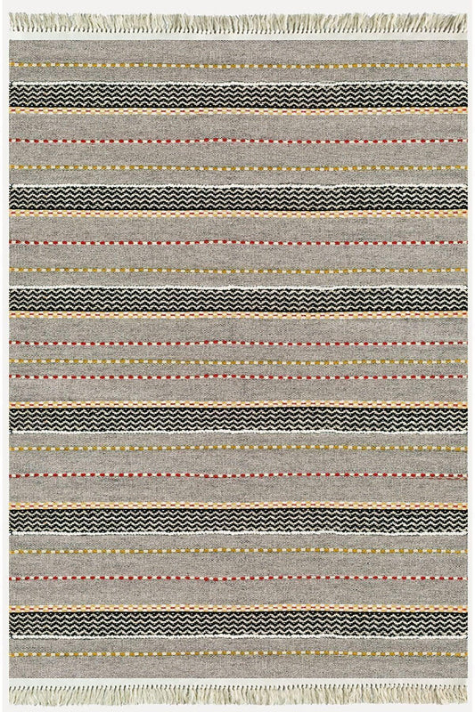 Cotton Kilim 33 Gri Tonlarında Çizgili Modern Desenli Dekoratif Yıkanabilen Dokuma Taban Kilim - HALI VAGONU