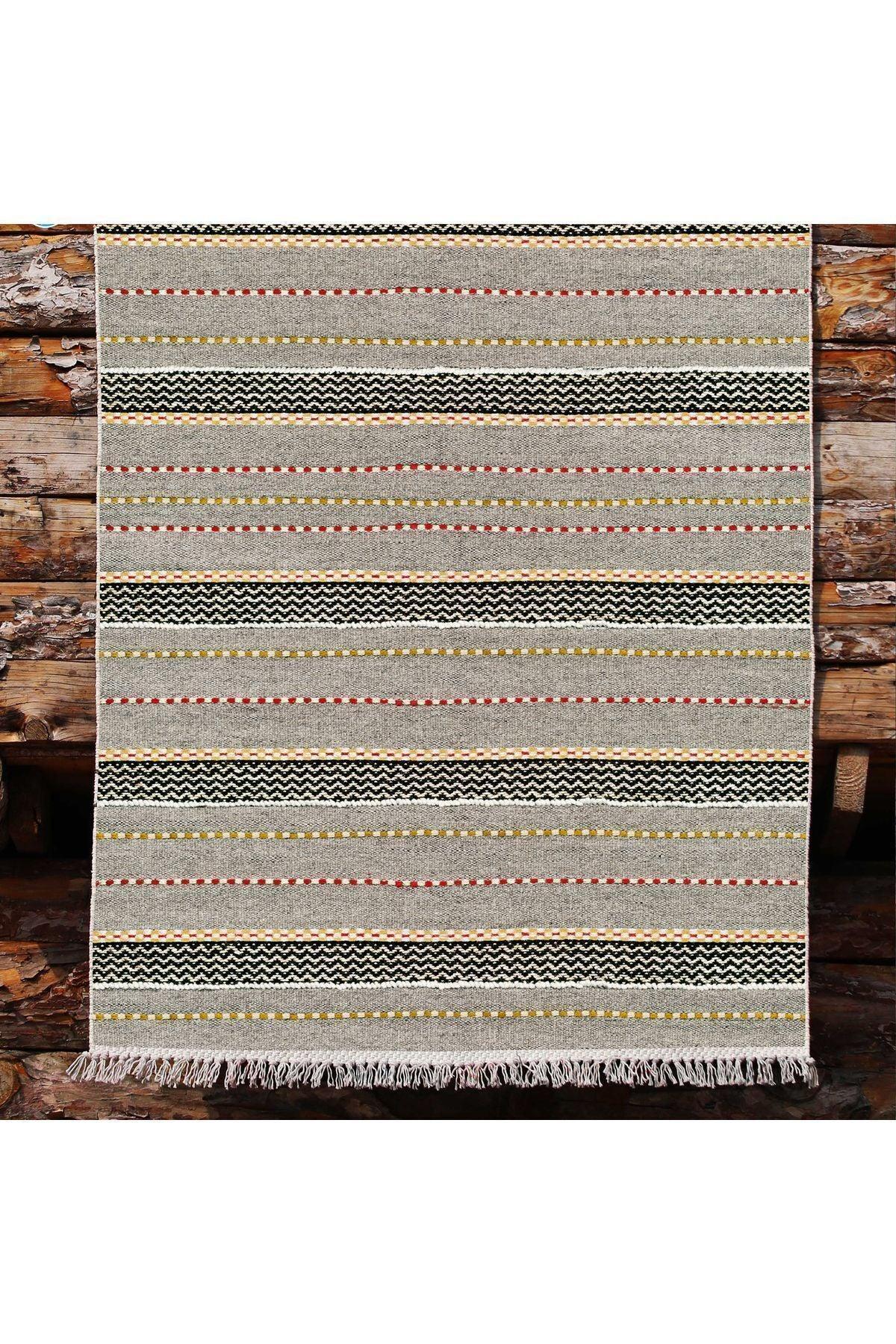 Cotton Kilim 33 Gri Tonlarında Çizgili Modern Desenli Dekoratif Yıkanabilen Dokuma Taban Kilim - HALI VAGONU