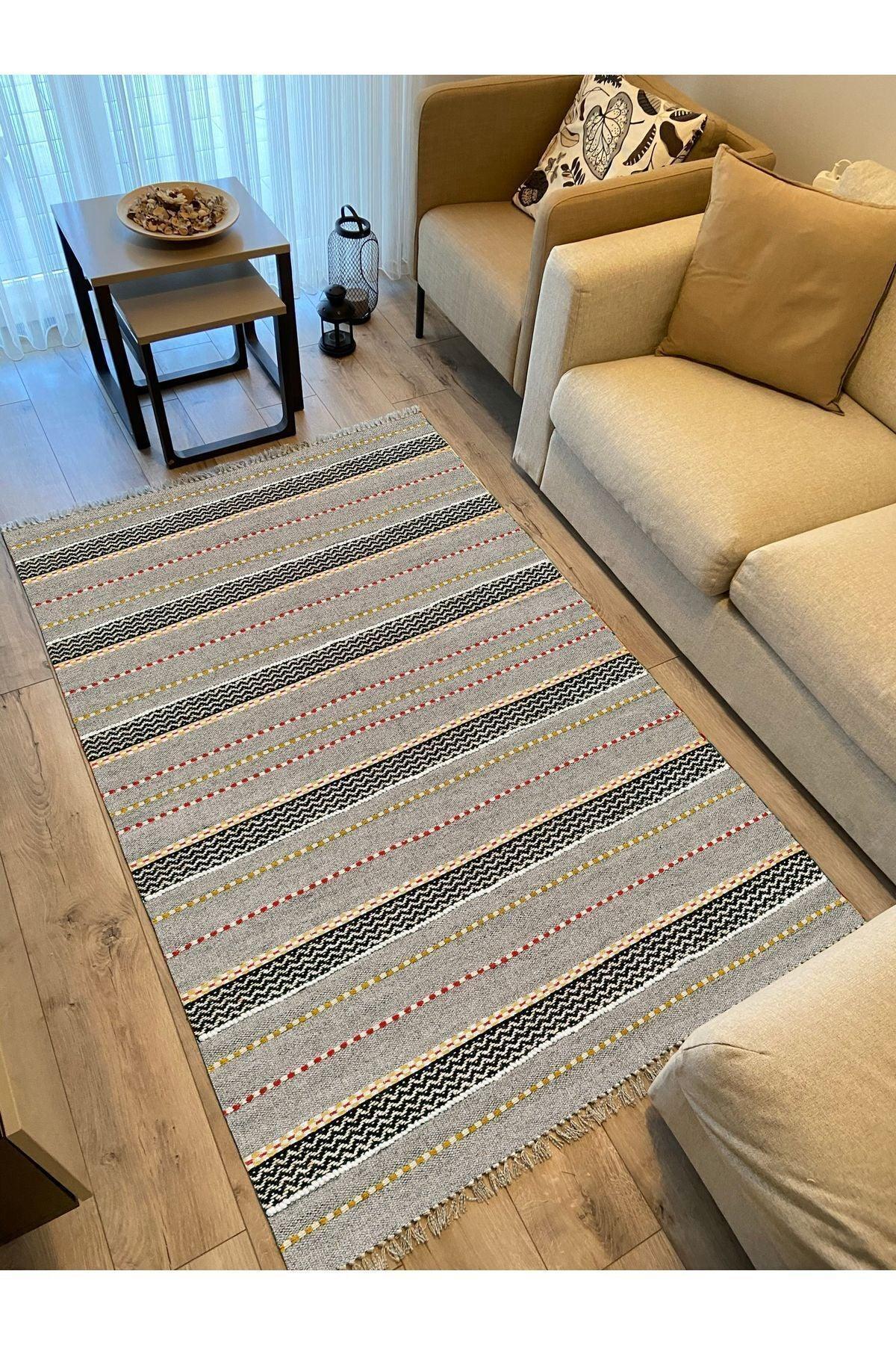 Cotton Kilim 33 Gri Tonlarında Çizgili Modern Desenli Dekoratif Yıkanabilen Dokuma Taban Kilim - HALI VAGONU