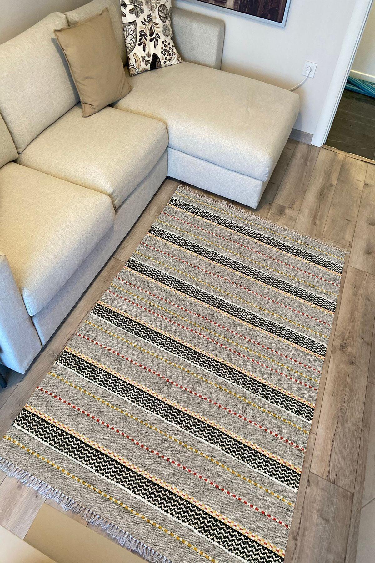 Cotton Kilim 33 Gri Tonlarında Çizgili Modern Desenli Dekoratif Yıkanabilen Dokuma Taban Kilim - HALI VAGONU