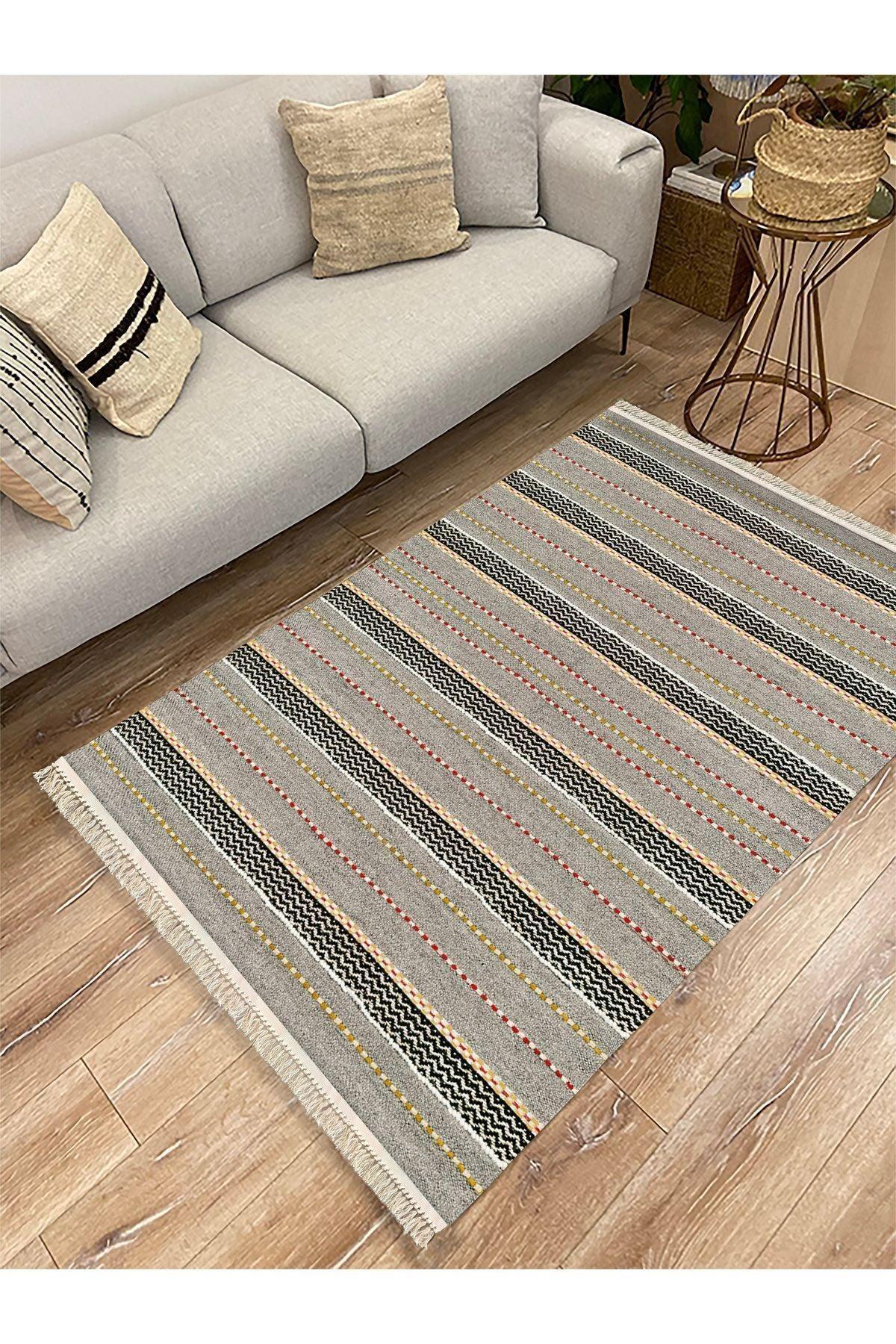 Cotton Kilim 33 Gri Tonlarında Çizgili Modern Desenli Dekoratif Yıkanabilen Dokuma Taban Kilim - HALI VAGONU