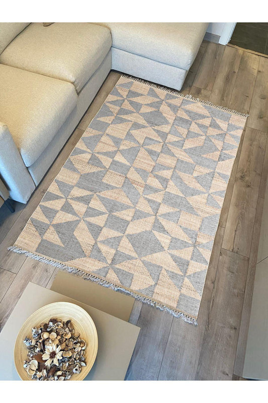 Cotton Kilim 34 Jut Efekli Modern Desenli Dekoratif Yıkanabilen Dokuma Taban Kilim - HALI VAGONU