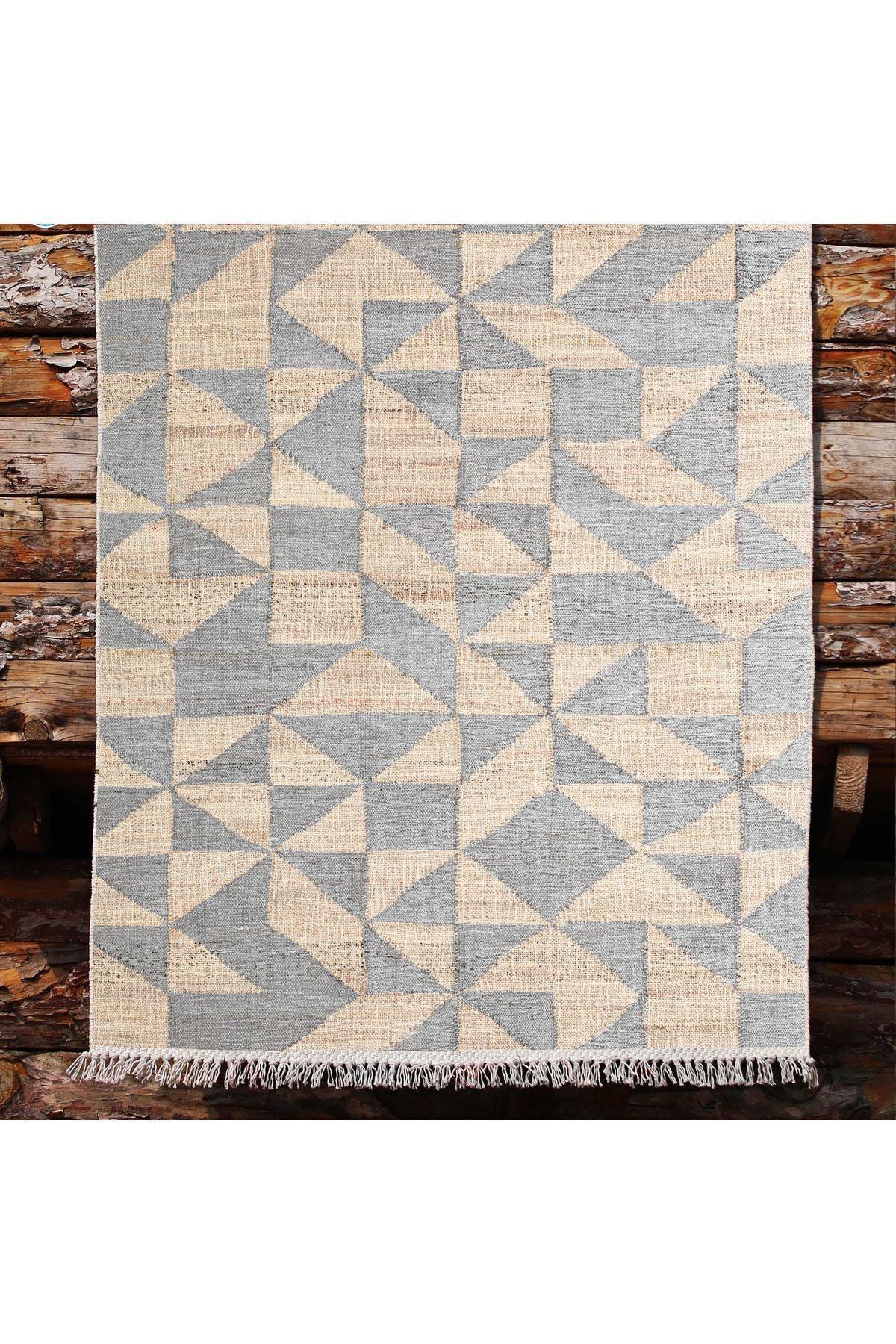 Cotton Kilim 34 Jut Efekli Modern Desenli Dekoratif Yıkanabilen Dokuma Taban Kilim - HALI VAGONU