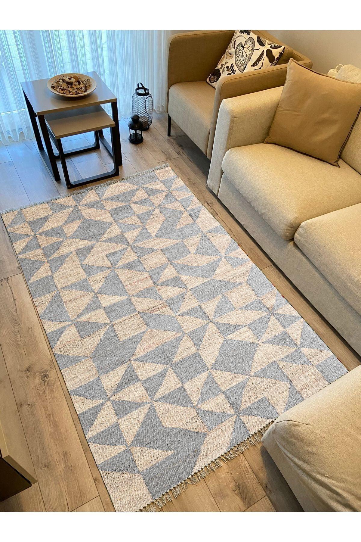 Cotton Kilim 34 Jut Efekli Modern Desenli Dekoratif Yıkanabilen Dokuma Taban Kilim - HALI VAGONU