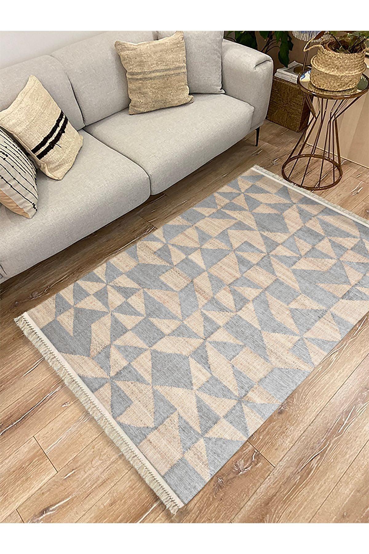 Cotton Kilim 34 Jut Efekli Modern Desenli Dekoratif Yıkanabilen Dokuma Taban Kilim - HALI VAGONU