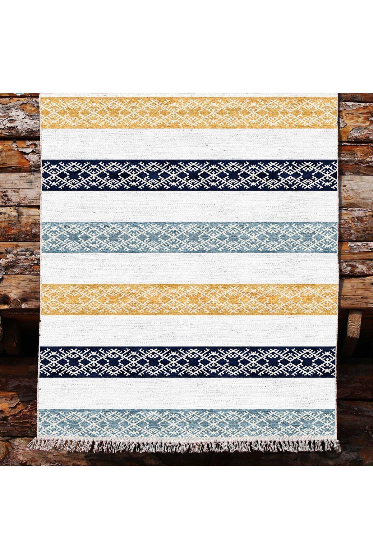 Cotton Kilim 36 Mavi Renklı Modern Desenli Dekoratif Yıkanabilen Dokuma Taban Kilim - HALI VAGONU
