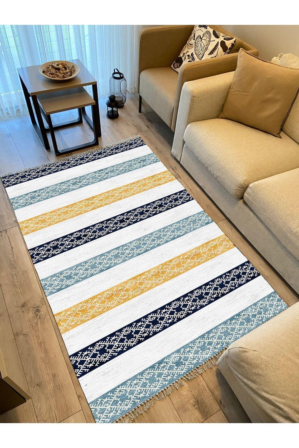 Cotton Kilim 36 Mavi Renklı Modern Desenli Dekoratif Yıkanabilen Dokuma Taban Kilim - HALI VAGONU