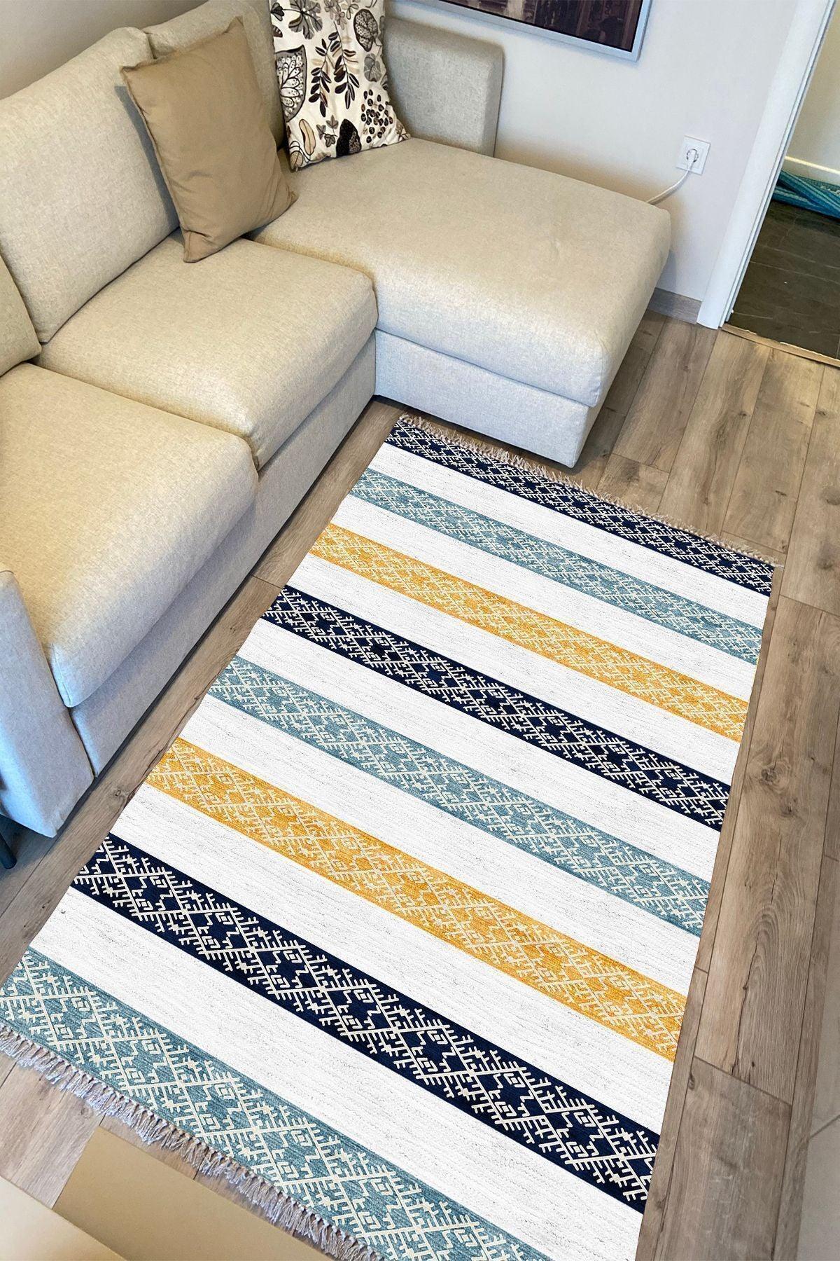 Cotton Kilim 36 Mavi Renklı Modern Desenli Dekoratif Yıkanabilen Dokuma Taban Kilim - HALI VAGONU