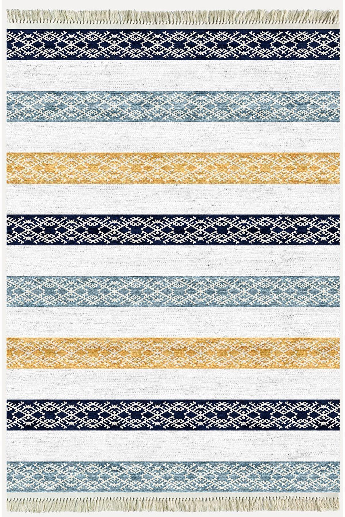 Cotton Kilim 36 Mavi Renklı Modern Desenli Dekoratif Yıkanabilen Dokuma Taban Kilim - HALI VAGONU