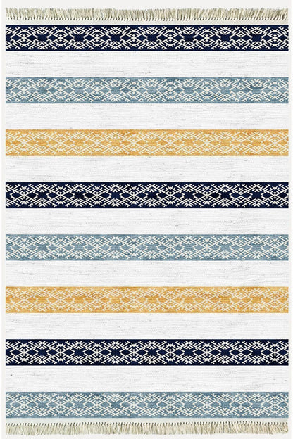 Cotton Kilim 36 Mavi Renklı Modern Desenli Dekoratif Yıkanabilen Dokuma Taban Kilim - HALI VAGONU