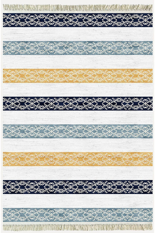 Cotton Kilim 36 Mavi Renklı Modern Desenli Dekoratif Yıkanabilen Dokuma Taban Kilim - HALI VAGONU
