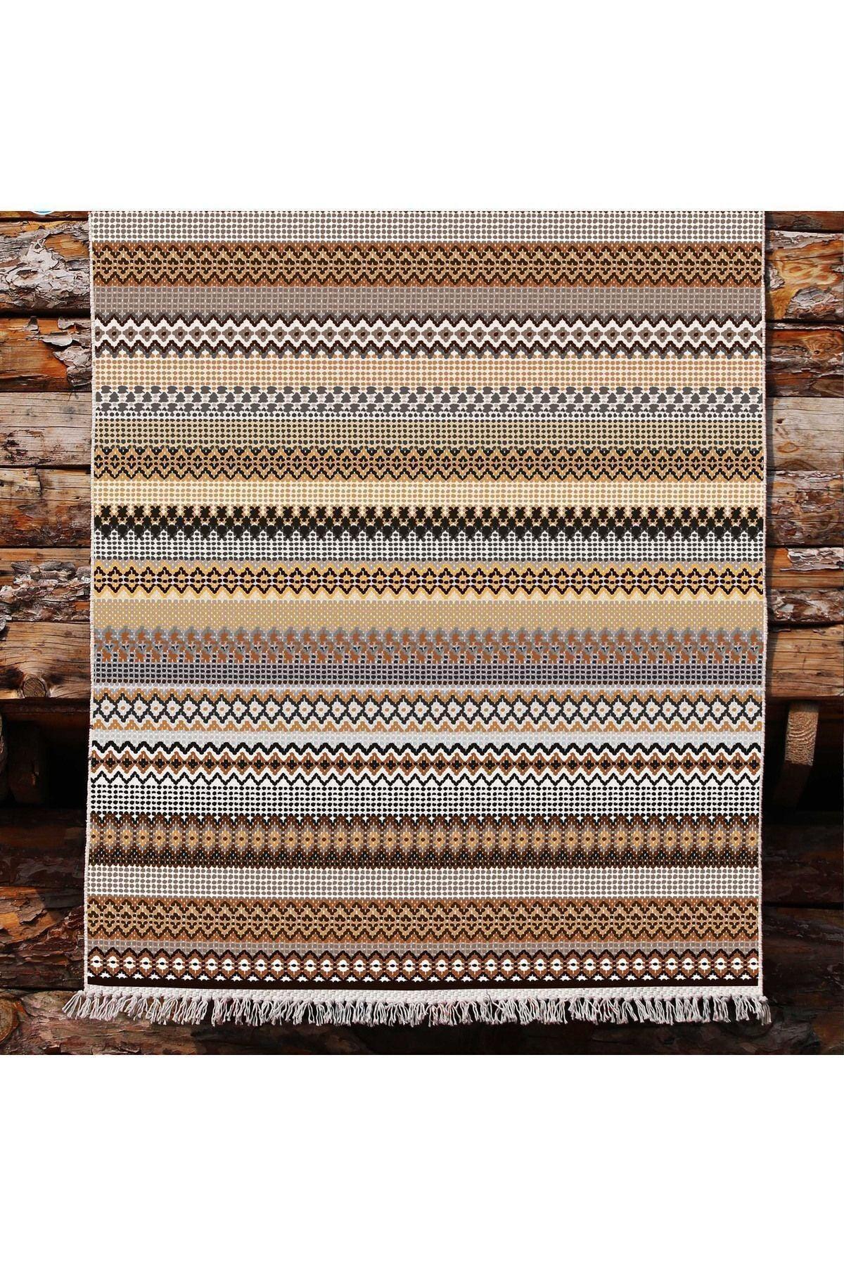 Cotton Kilim 3622 Etnik Geleneksel Motifler Modern Dekoratif Saçaklı Yıkanabilen Dokuma Kilim - HALI VAGONU