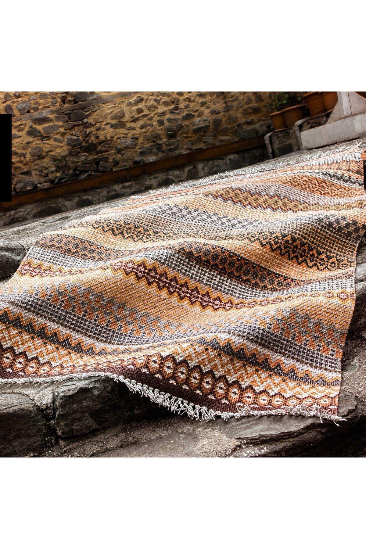 Cotton Kilim 3622 Etnik Geleneksel Motifler Modern Dekoratif Saçaklı Yıkanabilen Dokuma Kilim - HALI VAGONU