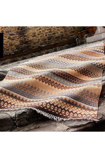 Cotton Kilim 3622 Etnik Geleneksel Motifler Modern Dekoratif Saçaklı Yıkanabilen Dokuma Kilim - HALI VAGONU
