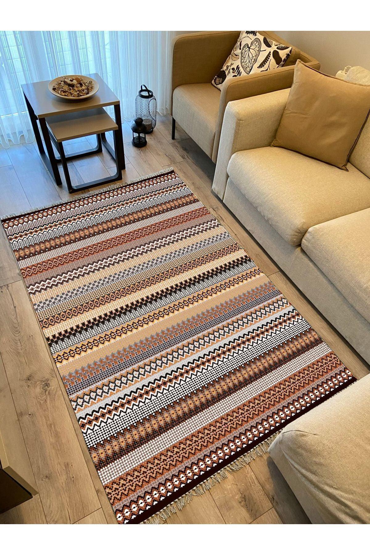 Cotton Kilim 3622 Etnik Geleneksel Motifler Modern Dekoratif Saçaklı Yıkanabilen Dokuma Kilim - HALI VAGONU
