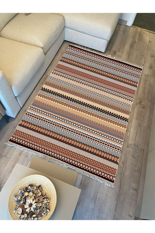 Cotton Kilim 3622 Etnik Geleneksel Motifler Modern Dekoratif Saçaklı Yıkanabilen Dokuma Kilim - HALI VAGONU