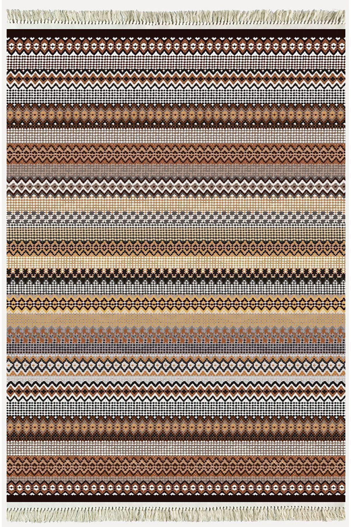 Cotton Kilim 3622 Etnik Geleneksel Motifler Modern Dekoratif Saçaklı Yıkanabilen Dokuma Kilim - HALI VAGONU