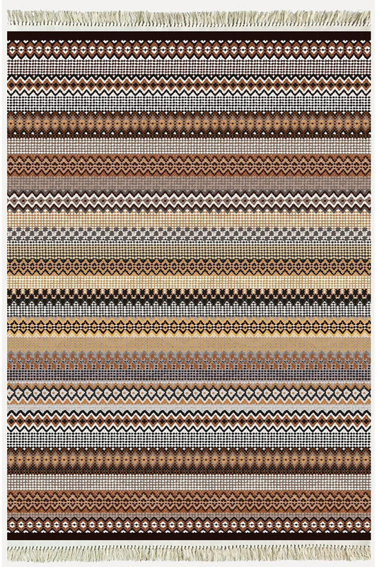 Cotton Kilim 3622 Etnik Geleneksel Motifler Modern Dekoratif Saçaklı Yıkanabilen Dokuma Kilim - HALI VAGONU